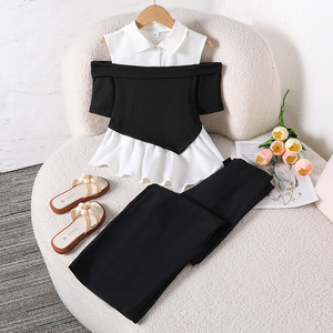 Completo Abbigliamento Estivo 2026 per Ragazze: Camicia a Maniche Larghe con Patchwork e <span class=keywords><strong>Pantaloni</strong></span> a Gamba Larga - Set Elegante - Product Image 1