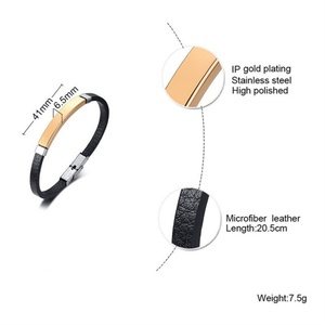 Wholesale 18k Gold Plated Stainless Steel Blank bar Charm <b>Leather</b> <b>Bracelet</b> - Product Image 4