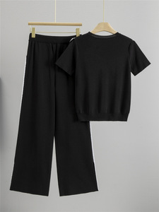 Conjunto de 2 Piezas de Punto <span class=keywords><strong>para</strong></span> Mujer, Top con Detalles de Crochet y Pantalones Anchos de Cintura Alta, <span class=keywords><strong>Traje</strong></span> de Punto Informal de Verano <span class=keywords><strong>para</strong></span> Uso Diario - Product Image 2