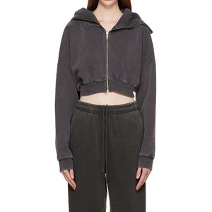 Sudadera con capucha corta de cuello alto y cremallera completa para mujer, de felpa de algodón grueso de 510 g/m², gris descolorido, personalizada - Product Image 3