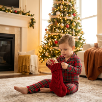 En gros, petits chaussons de Noël rouges et ivoire, ornements tricotés classiques pour bonbons et cadeaux d'enfants