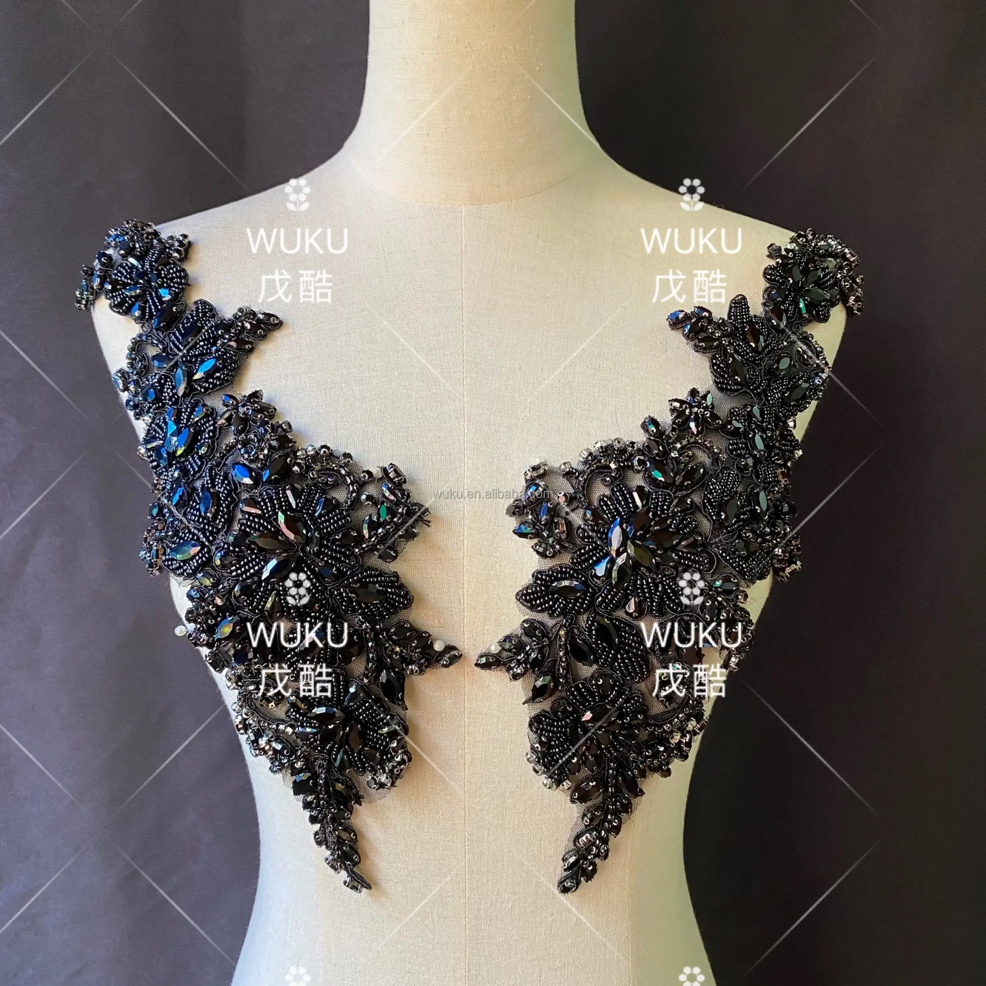 wuku 2021 free DIY sew on lace in encrusted crystal beads applique in black