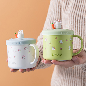 แก้วนมน่ารักลายการ์ตูน แก้วชาเซรามิก แก้วกาแฟลายกระต่ายน่ารัก พร้อมฝาปิด - Product Image 2