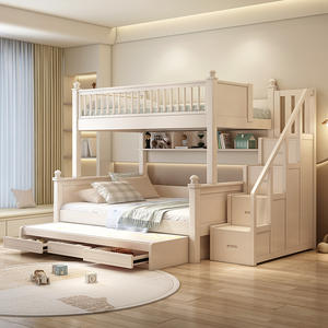 Letto a Castello in Legno Massello, a Due Piani, per Bambini, Bianco Crema, Stile Minimalista, Smontabile, Multifunzionale, per Camera da Letto Ragazzi - Product Image 1
