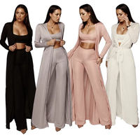 Usine en gros Europe et mode américaine costumes décontractés Stretch tricoté haut de bikini pantalon à jambes larges + long manteau trois pièces femmes
