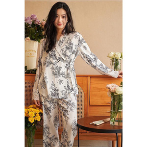 Luxury Oriental Style Silky Pajamas for Women Floral Loungewear with Lace Trim Black &amp; White <strong>Thermal</strong> <strong>Pyjamas</strong> for Summer &amp; Spring - Product Image 1