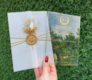 Invitation de <span class=keywords><strong>mariage</strong></span> <span class=keywords><strong>en</strong></span> acrylique avec veste <span class=keywords><strong>en</strong></span> vélin Invitation de <span class=keywords><strong>mariage</strong></span> Chemise <span class=keywords><strong>parchemin</strong></span> imprimée <span class=keywords><strong>en</strong></span> feuille d'or Sceau de cire d'or et fleurs séchées - Product Image 3