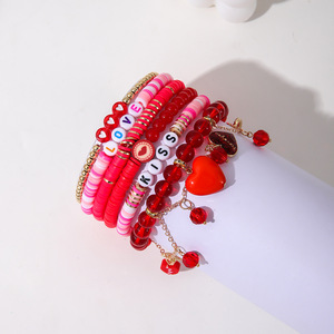 Conjunto de Pulsera con Colgante de Corazón, 6 Piezas, Arcilla Polimérica Roja, Regalo de San Valentín para Mujer, Joyería - Product Image 2