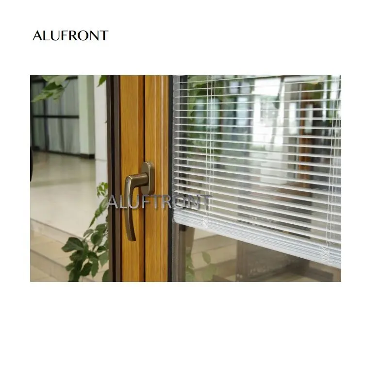 Puerta corrediza de vidrio revestida de madera de aluminio con persianas integradas Bu entre persianas integrales de vidrio