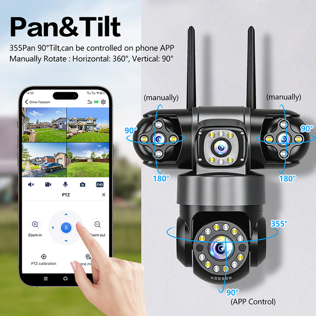 2026 16MP 4-Lens 4G PTZ Security Camera 4-Screen Outdoor CCTV Camera Auto Tracking for Night Vision Wireless