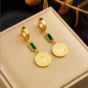 Acier inoxydable Or Couleur géométrie Ronde Portrait Coin Boucles D'oreilles Pour Femmes Fille Nouveau Vert Zircon Boucle D'oreille Bijoux Cadeau