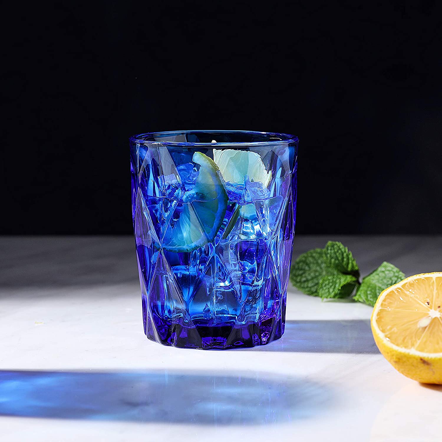 Cobalt Blue Diamond Pattern Glassware Set of 6 - Eco-Friendly 9oz Drinking  Glasses for Stylish Dining and Entertaining