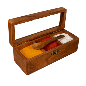 Boîte à épices en bois artisanale à 3 compartiments avec couvercle en verre, organisateur de masala avec une cuillère en bois, récipient de rangement pour la cuisine - Product Image 1