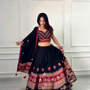 Traditional Indian Pakistani Women's Lehenga Set Black Red Embroidered Floor-Length Cotton Wedding Wear Regular Fit All Seasons - Product Image 1