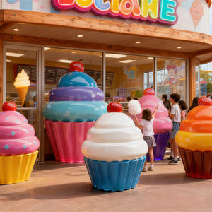 Sculpture géante personnalisée en fibre de verre en forme de cupcake pour l'entrée d'un magasin de desserts, décoration intérieure sur le thème sucré - Product Image 2