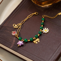 Bracelet en acier inoxydable avec perles de malachite, plaqué or 18 carats, avec fleur et papillon en émail, résistant au ternissement, pour femme, cadeau