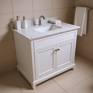 Encimera de Baño de Estilo Nuevo de 37 Pulgadas, Piedra Blanca Carrara, Rectangular, Lavabo de Cerámica Bajo Encimera, un Solo Orificio para Grifo, Diseño Elegante - Product Image 2