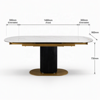 Table à manger extensible ovale moderne de luxe en pierre frittée avec base dorée cannelée, 6 à 8 places, mobilier de salle à manger pour usage commercial et hôtelier