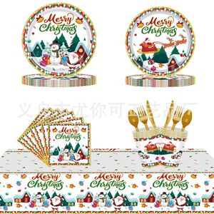 Ensemble de vaisselle de Noël en papier, assiettes, gobelets, serviettes, thème Père Noël et bonhomme de neige, 60-80 pièces, décorations de fête de Noël - Product Image 1