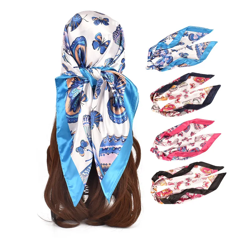Factory wholesale matte 90*90cm square twill polyester satin hijab Butterfly women silk scarf