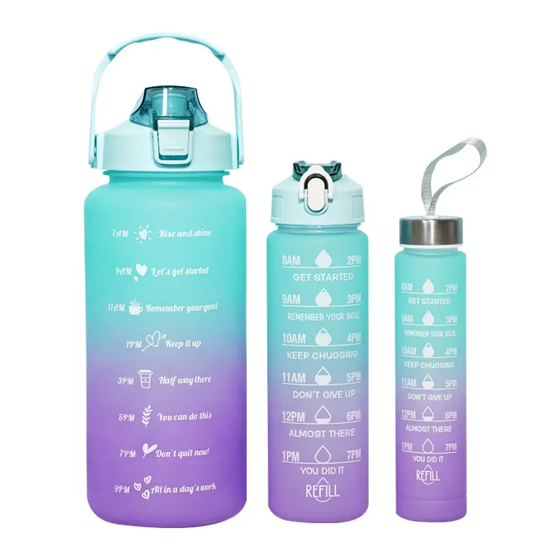 2023 Hotsale grande capacità mezzo gallone 64 oz gradiente colore 3 in 1 Set palestra bottiglia d'acqua motivazionale