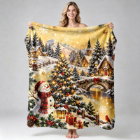 Couverture Polaire en Flanelle Dorée Motif Village de Noël avec Bonhomme de Neige, Douce et Chaude pour les Fêtes d'Hiver, Impression Personnalisée OEM ODM, Vente en Gros