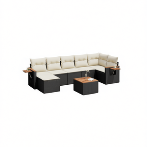 Black <b>Rattan</b> Garden <b>Sofa</b> Set 6 Seater Outdoor Furniture Weather Resistant Contemporary Design Teak Wood Accents - Product Image 1