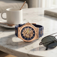 Montres mécaniques entièrement personnalisées, or, automatiques, haut de gamme pour hommes, montre squelette avec bracelet en silicone