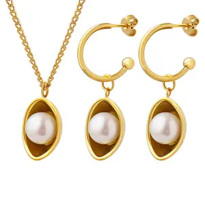 Personalized Fresh Water Pearls Jewelry Set Boat Shape Pendant Necklace Earrings Set Stainless Steel Jewelry Set