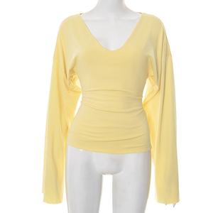 Viviblook Y25TP232 2025 otoño nuevo Color sólido cuello en V Flare manga larga Slim Fit camiseta Y2K Vintage Top para mujer - Product Image 2