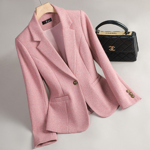 Wool Blazer For Women Coffee Color Herringbone Pattern Single Button Autumn Winter Casual Elegant Fit - Product Image 2