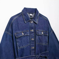 Personnalisé de haute qualité délavé taille rassemblement revers ample grande taille longue veste en jean pour les femmes