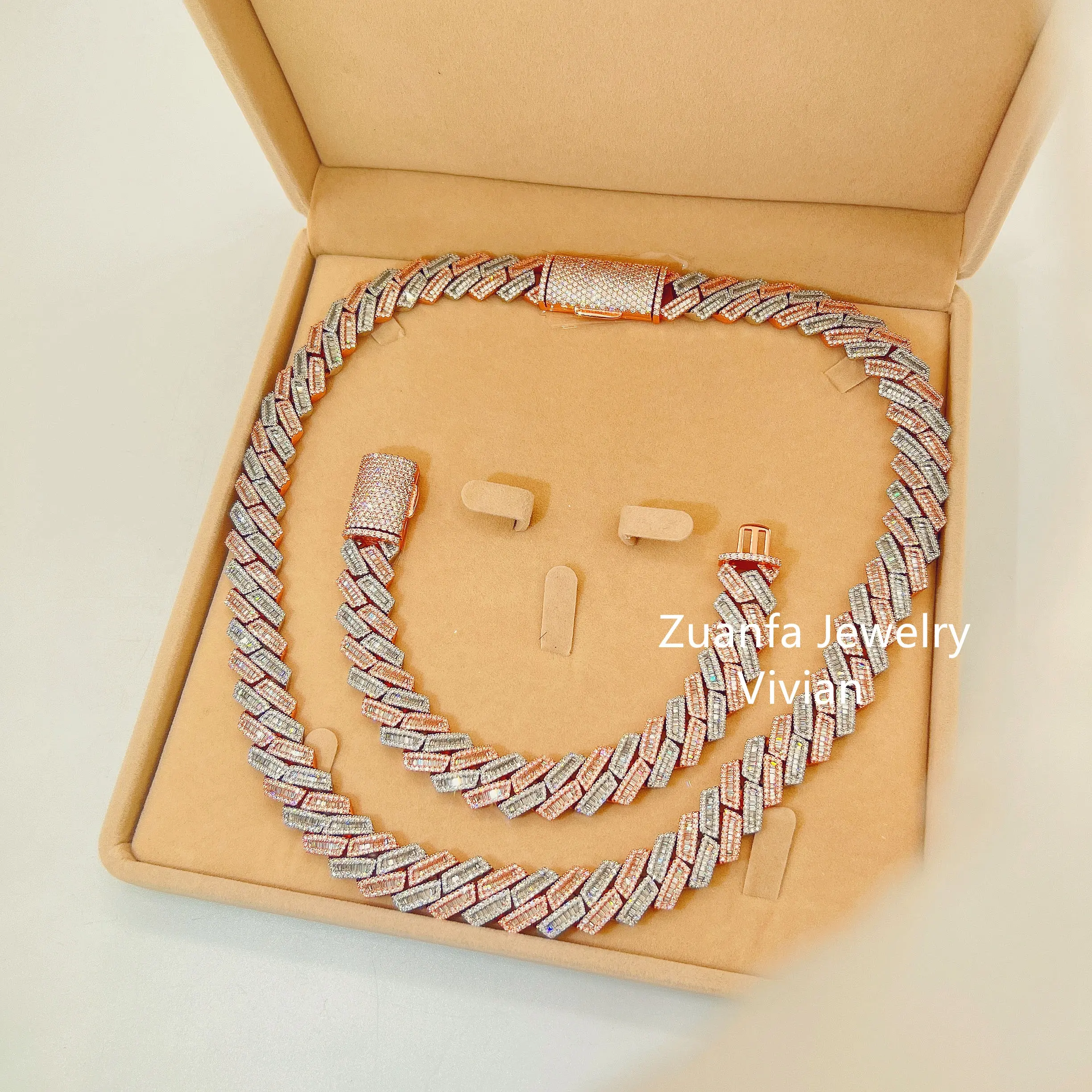 Rose Gold and White Gold Color Silver 925 Baguette Diamond Miami Cuban Link Chain Iced VVS Moissanite Men Necklace