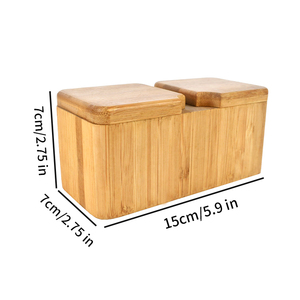 Boîte à épices en bambou à 2 compartiments avec couvercles rotatifs indépendants, support à sel manuel avec cuillères incluses, nouveau - Product Image 3