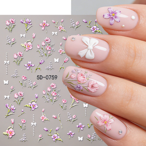 1 autocollant 5D en relief pour ongles, motif fleur rose et violette, tulipe, rose, pétale, décalcomanie adhésive pour décoration d'ongles - Product Image 1