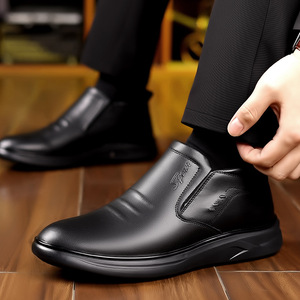 Men's Slip-On Leather Shoes Black <b>Wool</b> Lined Warm Winter Style Non Slip Thick Sole For Middle Aged And Elderly Men - Product Image 3