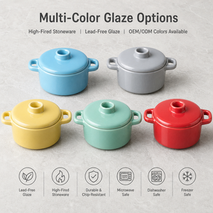 Mini <span class=keywords><strong>cocotte</strong></span> en céramique colorée personnalisée avec couvercle, plat de cuisson rond en grès pour four, soupière, soufflé - Product Image 3