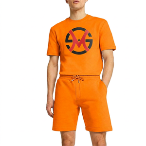 Conjunto de Camiseta de Algodón Naranja para Hombre con Logotipo Geométrico, Pantalones Cortos Casuales de Verano, Cuello Redondo, Tejido Transpirable, Ropa de Moda - Product Image 1