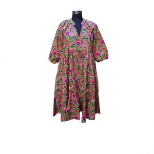 100% algodón puro Himanshi Midi vestido para mujer A-Line bloque de mano estampado Floral cómodo verano Casual vestido de fiesta - Product Image 2