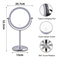 Miroir de maquillage de bureau personnalisé avec logo, cadre métallique éclairé, double face, LED 3 couleurs, grossissement 3x, rechargeable par USB, OEM ODM