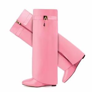 2025 <span class=keywords><strong>donna</strong></span> Slip-On con tacco a zeppa in tinta unita autunno inverno <span class=keywords><strong>stivali</strong></span> lunghi da <span class=keywords><strong>donna</strong></span> - Product Image 3