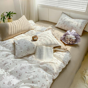Parure de lit 4 pièces en coton lavé imprimé floral frais, style drap-<span class=keywords><strong>housse</strong></span>, double couche de fil - Product Image 2