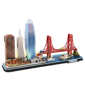 New Arrivals Game Paper Wooden Jigsaw San Francisco LED Building Model City Paris Dubai London DIY 3D Puzzle Toy For Kids Gift