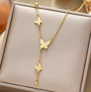 Collana a catena in acciaio inossidabile a <span class=keywords><strong>tre</strong></span> farfalle placcato oro 18k nuova moda gioielli - Product Image 1