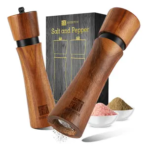 Stylish Metal And Acacia Wood Salt Mills Set With Holder Salt And Pepper Grinder Set Wooden