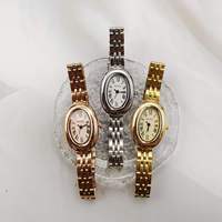 Montres pour femmes LP24, luxe, neuves, ovales, dorées, magnifiques, simples, en acier inoxydable / bracelet en cuir, quartz, minimalistes