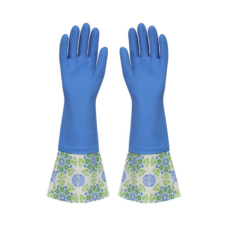Durable adapté aux besoins du client À Manches Longues Gants En Caoutchouc Latex Orange Vaporisateur Floqué Gant de Ménage