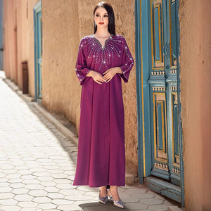 BA5149 nouvelle Robe arabe pour femmes <span class=keywords><strong>framboise</strong></span> violet broderie et strass robe cousue à la main printemps Polyester Abaya vêtements d'exportation - Product Image 6