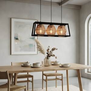 Suspension trapézoïdale à 3 lumières, abat-jour en rotin tressé à la main, lampe suspendue Japandi pour îlot de cuisine - Product Image 1