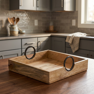 Plateau de service en bois massif, avec poignées en métal - Product Image 3